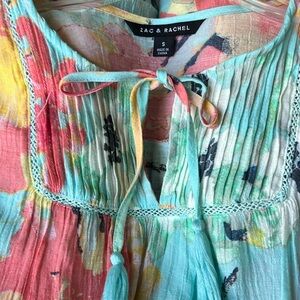 Zac & Rachel Floral  Print Crochet Trim Peasant Top Size Small  Boho
